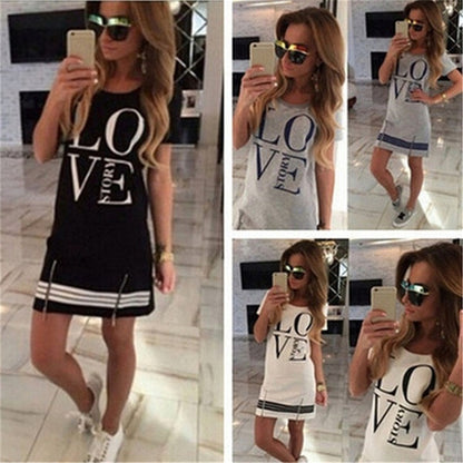 Women Casual Letter Print Fashion Round Neck Short Sleeves Zipper Loose Dress