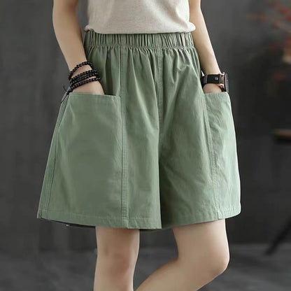 Women Casual Solid Color Wide-Leg Cotton Linen Cargo Shorts