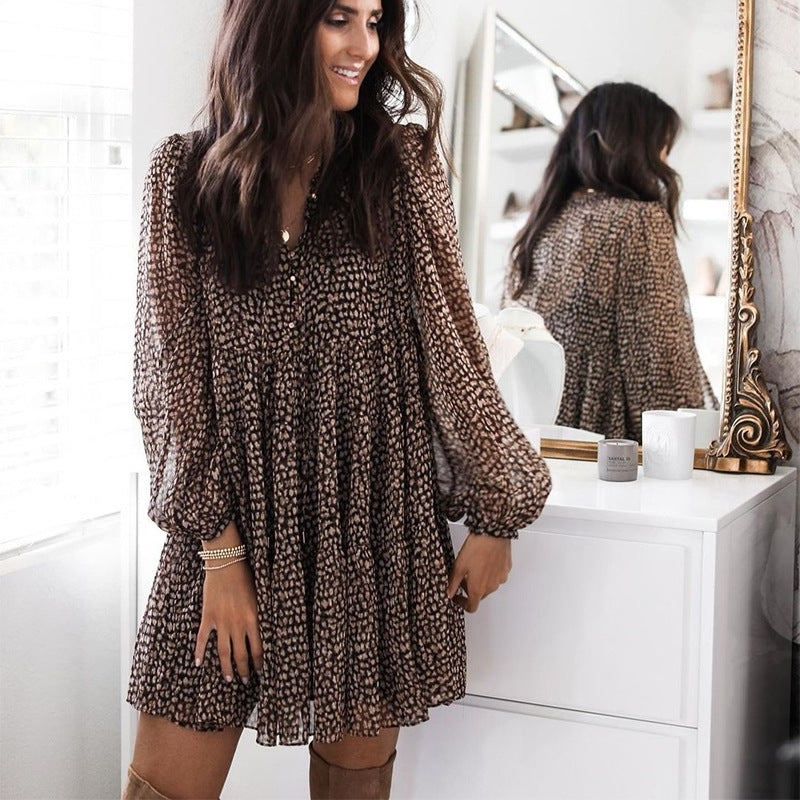 Vestido informal con estampado de leopardo y mangas abullonadas con cuello en V para mujer