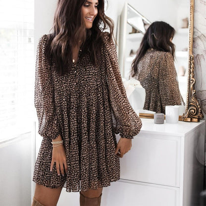 Vestido informal con estampado de leopardo y mangas abullonadas con cuello en V para mujer
