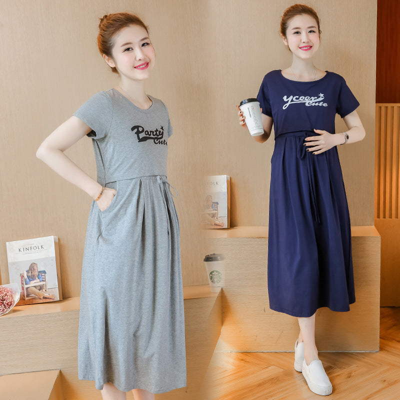 Vestido de lactancia de verano para embarazadas, informal, con estampado de letras, manga corta y bolsillo