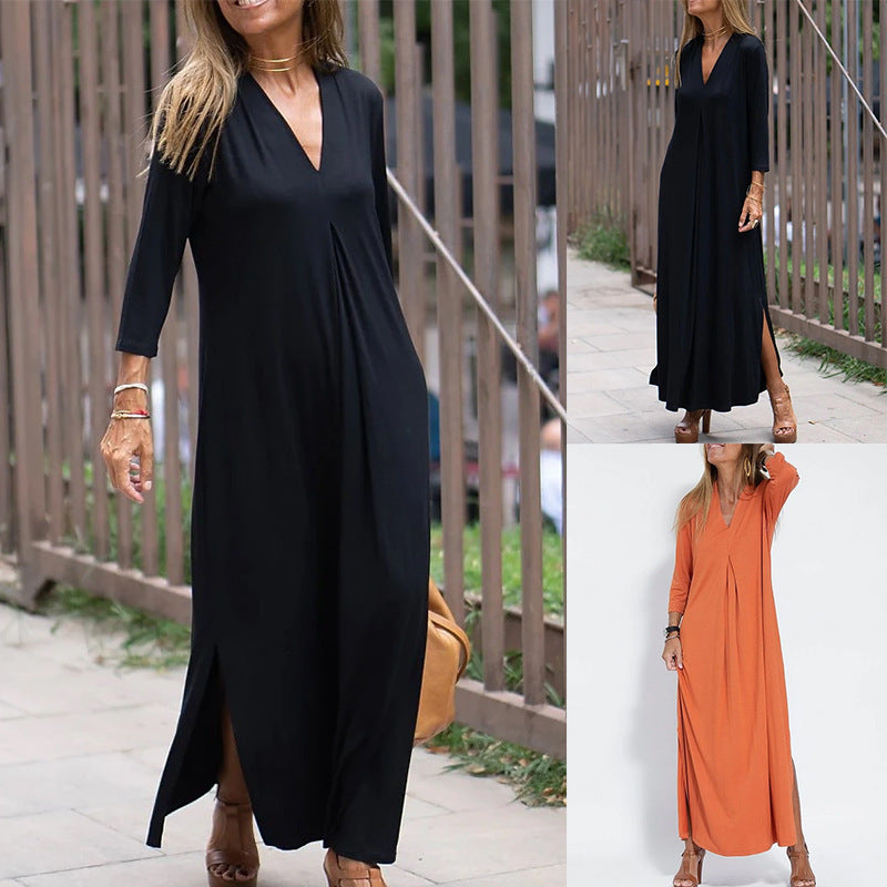 Vestido largo informal con escote en V y abertura para mujer