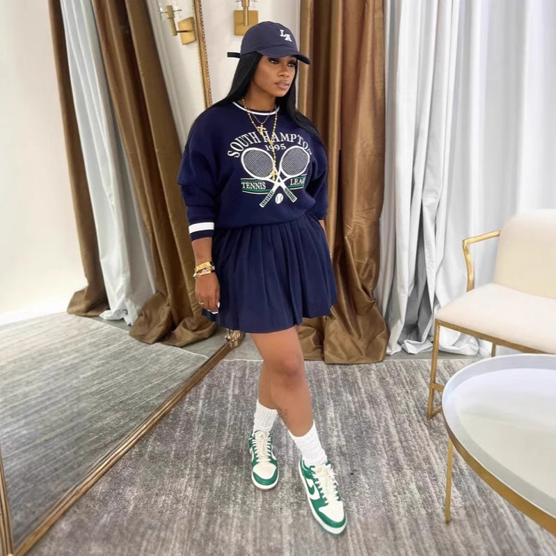 Women Fashion Casual Printed Sweatshirt Pleated Skirt Two-Piece Set