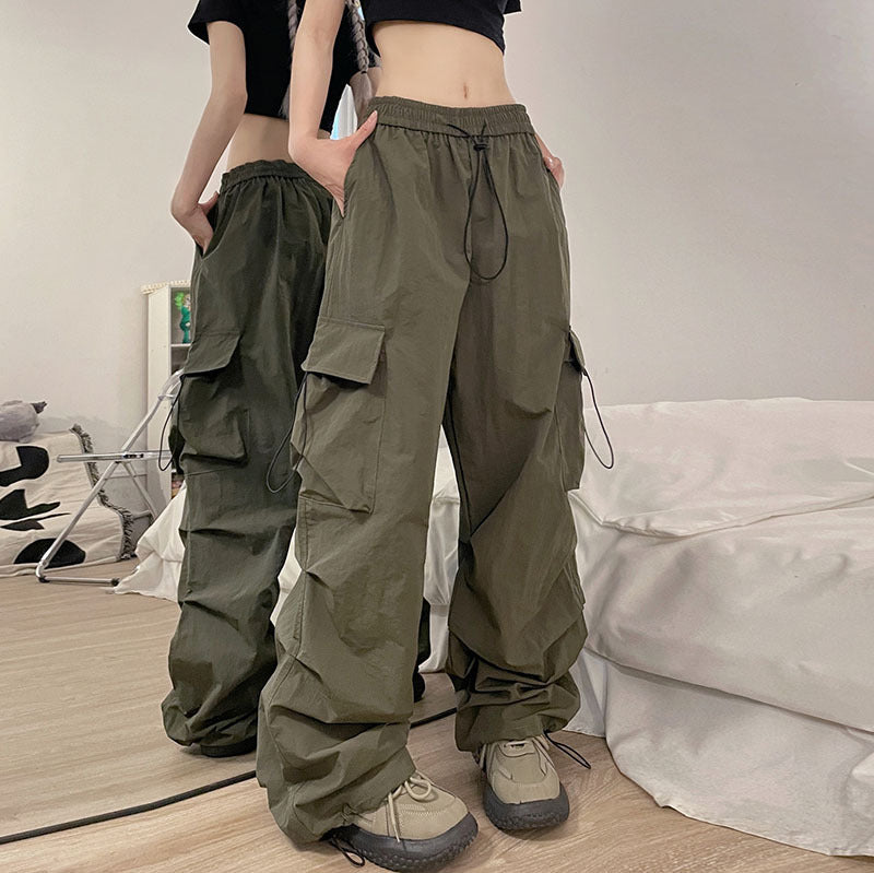 Retro Casual Women Straight Loose Wide-Leg Solid Color Side Pocket Cargo Pants