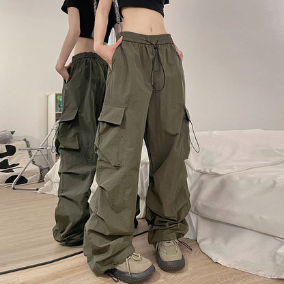 Retro Casual Women Straight Loose Wide-Leg Solid Color Side Pocket Cargo Pants