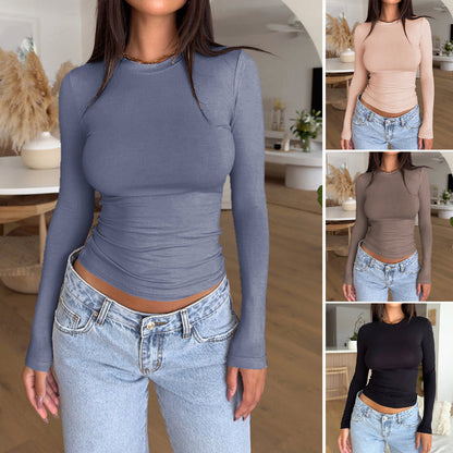 Camiseta informal de verano para mujer, color liso, cuello redondo, manga larga, en blanco