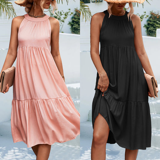 Women Fashion Casual Summer Vacation Solid Color Halter Neck Loose Midi Dress