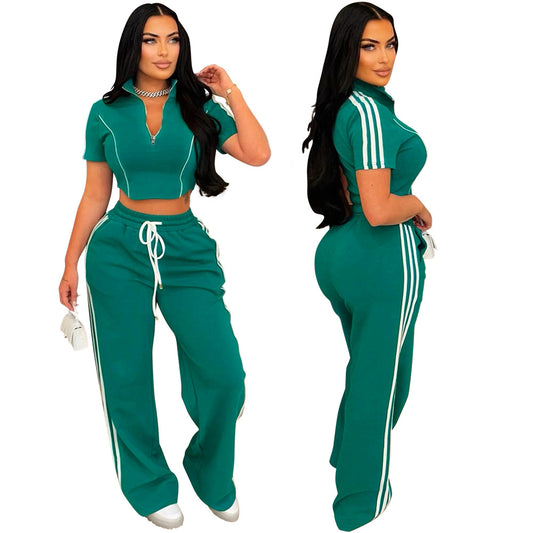 Women Fashion Casual V-Neck Zipper Short-Sleeved Crop Top Drawstring Loose Pants Two-Piece Set