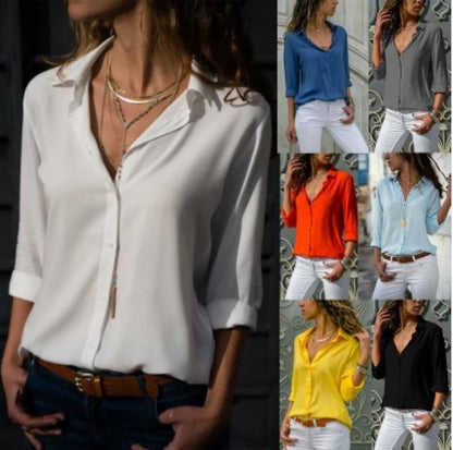 Blusa informal básica de gasa con botones y manga larga para mujer