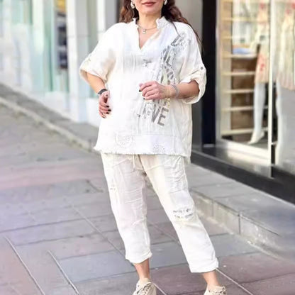 Conjunto de dos piezas de blusa y pantalones holgados con cuello en V y media manga para mujer