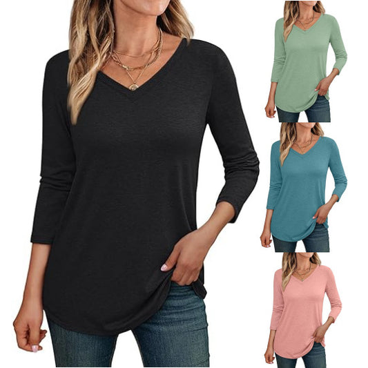 Camiseta informal de manga larga con cuello en V y color liso para mujer