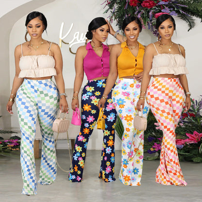 Women Fashion Casual Floral Printing Flared Pants