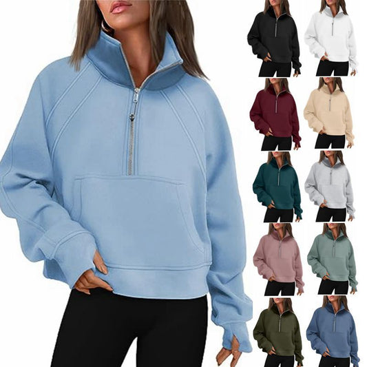Winter Women Casual Solid Color Zip Collar Fleece-Lined Sweatshirt