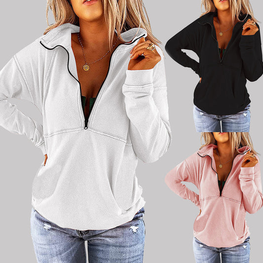 Sudadera informal de otoño e invierno para mujer, color liso, cuello alto, manga larga, con cremallera