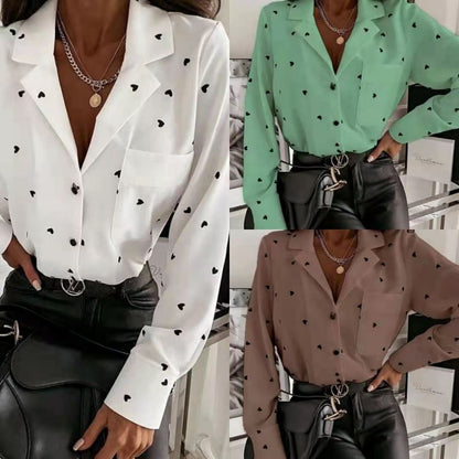 Camisa informal holgada de manga larga con cuello en V y estampado de corazón para mujer