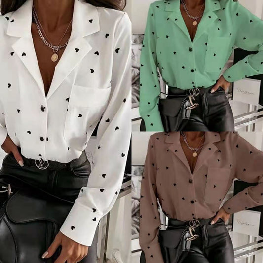 Camisa informal holgada de manga larga con cuello en V y estampado de corazón para mujer