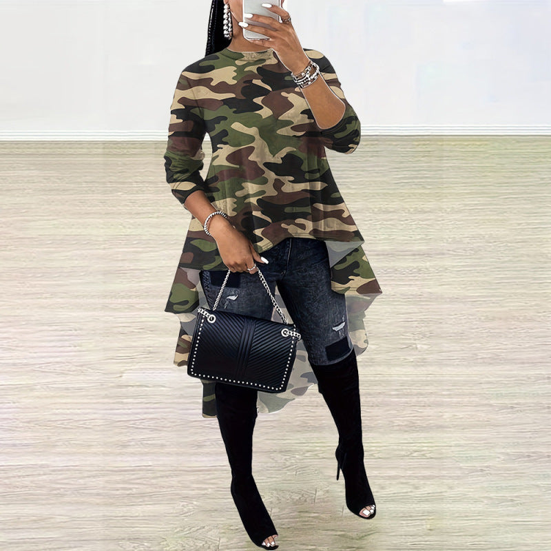 Women Fashion Casual Camouflage Printing Long Sleeve Irregular Dress
