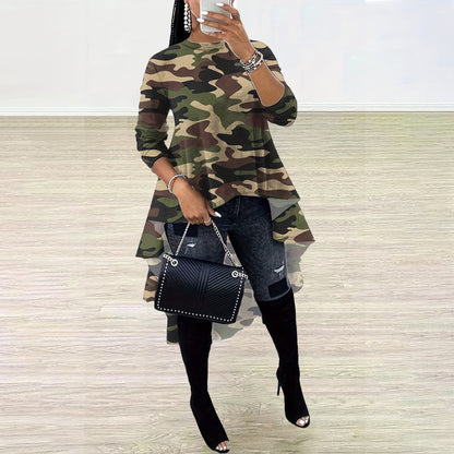 Women Fashion Casual Camouflage Printing Long Sleeve Irregular Dress