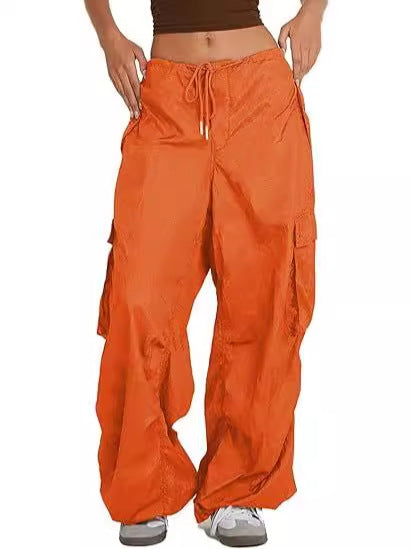 Women Casual Solid Color Loose Pocket Low Waist Drawstring Pants