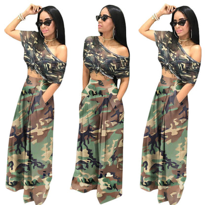 Women Camouflage Print Elastic Waist Wide Leg Pants Casual Pants Trousers