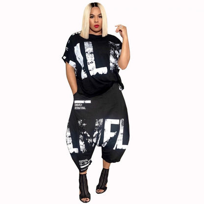 Conjunto informal de 2 piezas con estampado de letras para mujer, camiseta y pantalones bombachos