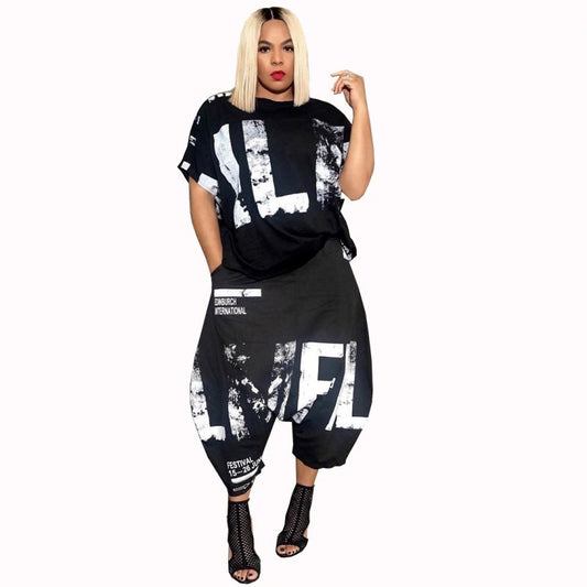 Conjunto informal de 2 piezas con estampado de letras para mujer, camiseta y pantalones bombachos