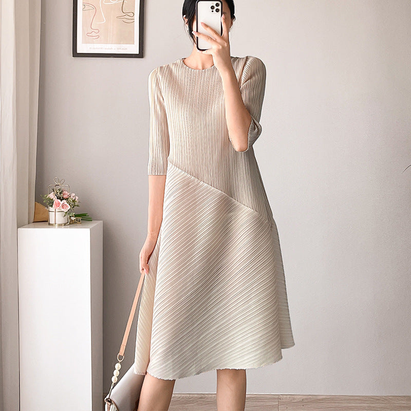 Women Fashion Minimalist Casual Soft Solid Color Round Neck Cropped Sleeve Creased Dress
