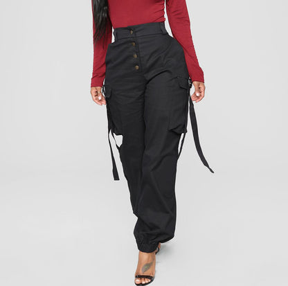 Pantalones deportivos casuales de cintura media con botones y múltiples bolsillos para mujer