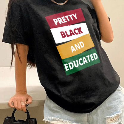 Camiseta informal holgada de talla grande para mujer, cuello redondo, manga corta, estampado de letras y eslogan