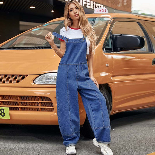 Women Fashion Casual Solid Color Street Style Loose Denim Jumpsuits