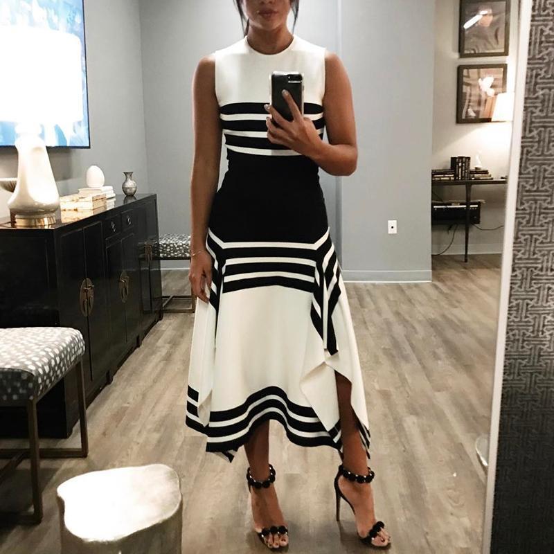 Women Elegant Casual Summer Fashion Sleeveless Round Neck Stripe Ruffled Dress