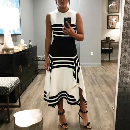Women Elegant Casual Summer Fashion Sleeveless Round Neck Stripe Ruffled Dress