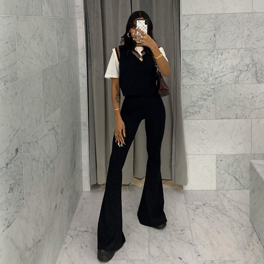 Pantalones ajustados de cintura alta de color liso informales a la moda para mujer