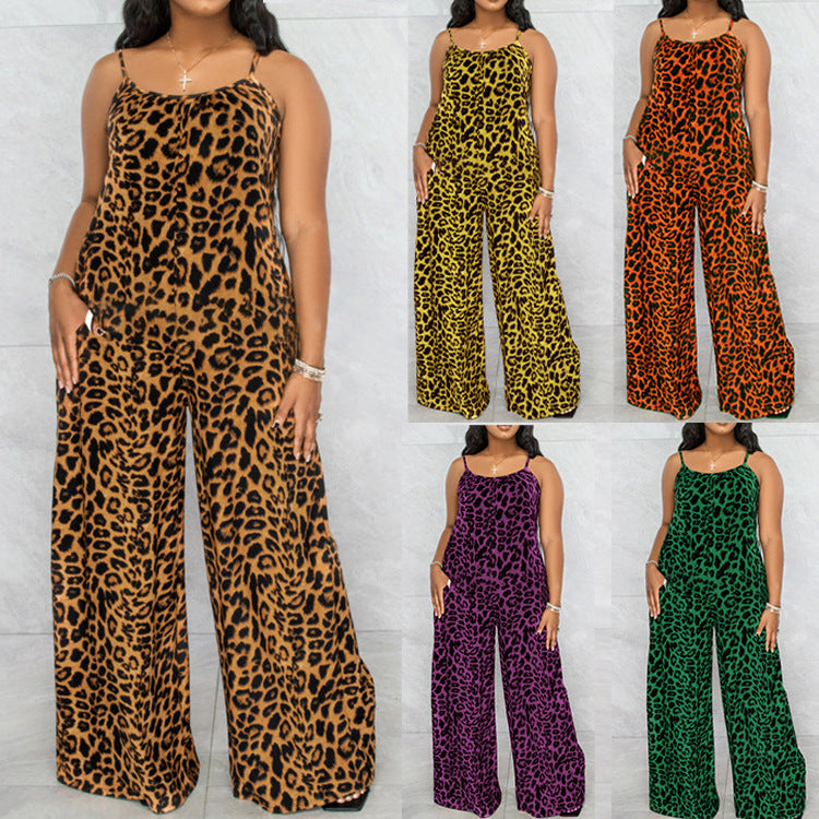 Summer Women Fashion Casual Leopard Printed Sling Wide Leg Jumpsuits