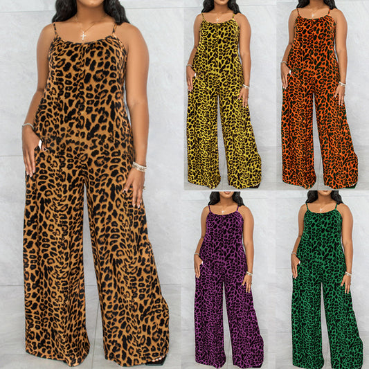 Summer Women Fashion Casual Leopard Printed Sling Wide Leg Jumpsuits