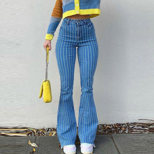 Pantalones vaqueros acampanados con estampado de rayas casuales a la moda para mujer