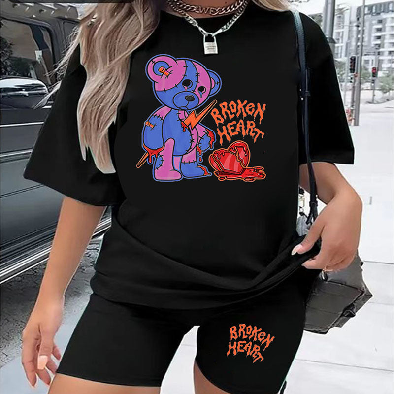 Conjunto de 2 piezas de pantalones cortos ajustados de manga corta con cuello redondo y estampado de letras de color sólido para mujer