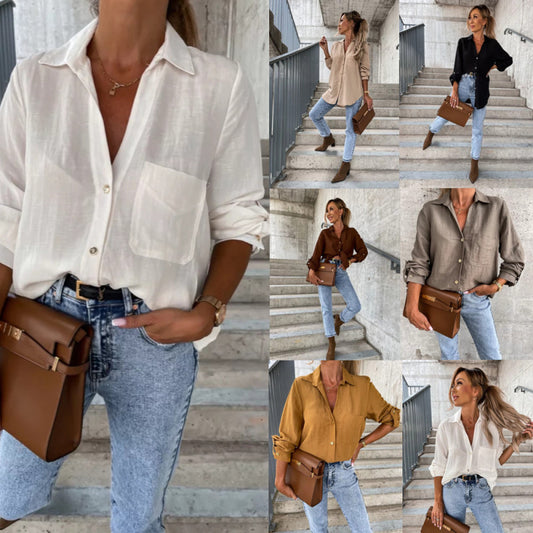 Blusa sencilla, básica, informal, de color liso, con cuello en V y solapa con botones para mujer