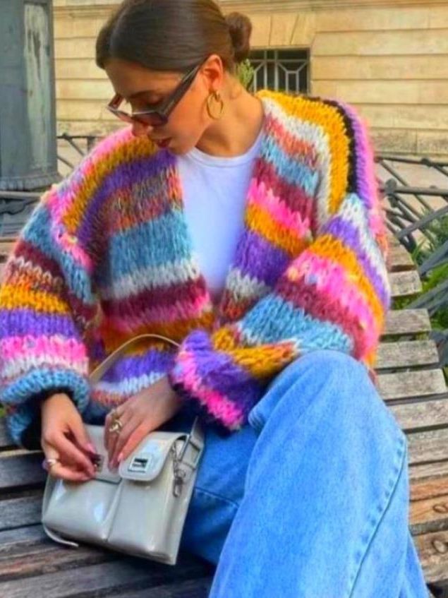 Women Fashion Casual Rainbow Stripe Long Sleeve Loose Knitwear