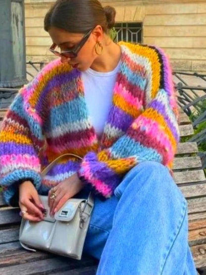 Women Fashion Casual Rainbow Stripe Long Sleeve Loose Knitwear