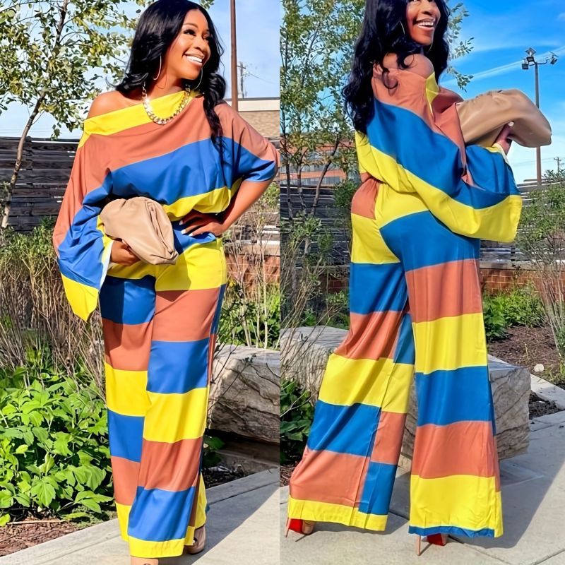 Conjunto de dos piezas informal para mujer, con hombros descubiertos, manga larga, pantalones anchos y rayas