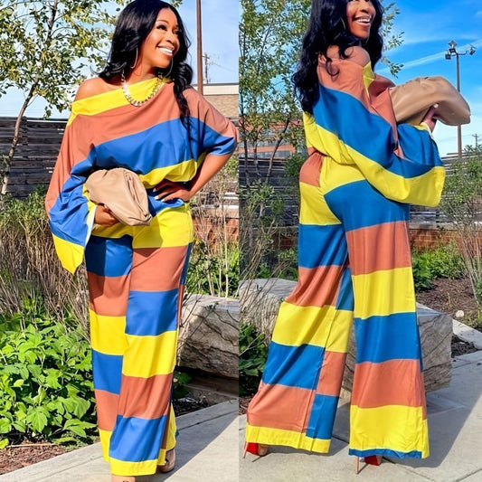 Conjunto de dos piezas informal para mujer, con hombros descubiertos, manga larga, pantalones anchos y rayas