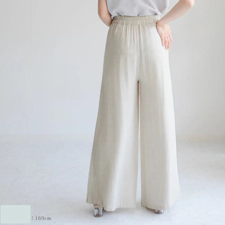 Women Casual Loose Solid Color Mid-Waist Linen Cotton Blend Wide Leg Pants