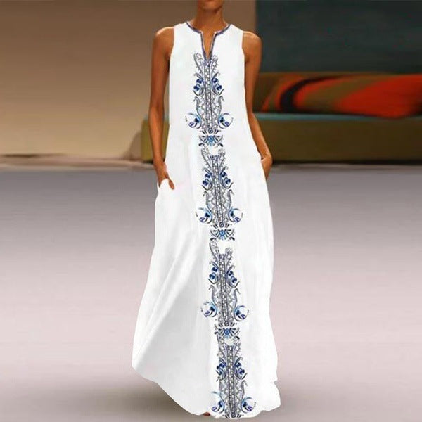 Women Boho Vintage Print Sleeveless V-Neck Loose Casual Maxi Dress
