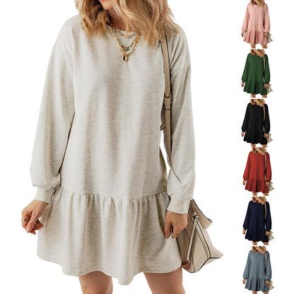 Vestido mini informal de manga larga con cuello redondo y color liso para mujer