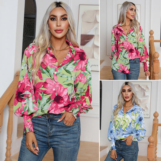 Camisa informal de manga larga con estampado floral para mujer