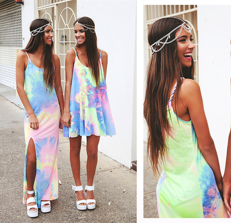 Summer Women Casual Edgy Tie Dye Beach Mini Slip Dress