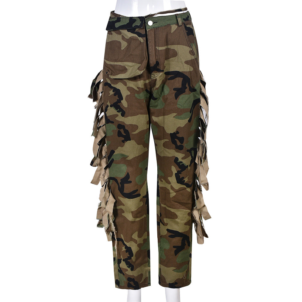 Women Casual Camouflage Print Tassel Pocket Lounge Pants