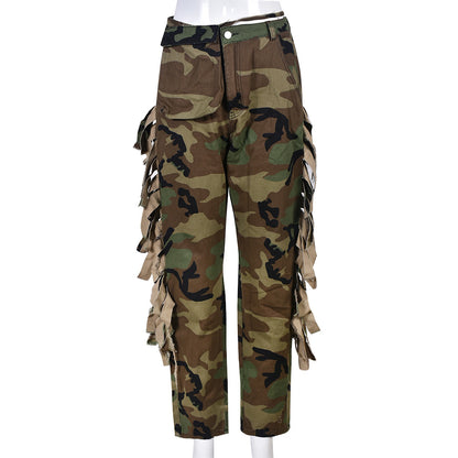 Women Casual Camouflage Print Tassel Pocket Lounge Pants