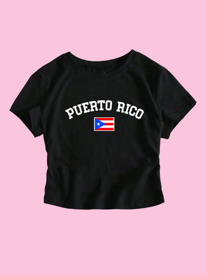 Camiseta corta informal de verano, ajustada, de manga corta y con estampado de letras campestres